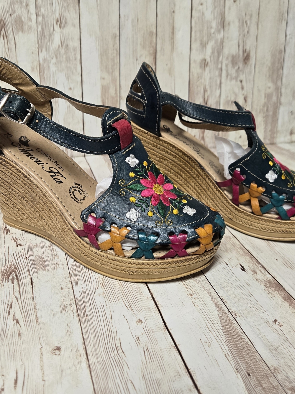 AmeriKa Collection Teal Embroidered Boho Espadrille Wedge Sandals Sz 25 (US 8) - Picture 2 of 16
